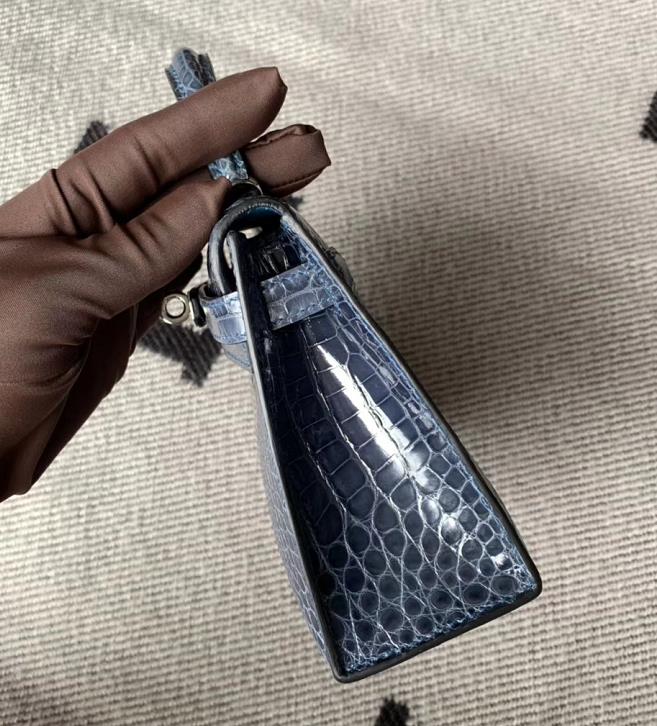 Hermès（爱马仕）Mini Kelly迷你凯莉包 亮面方块 美洲鳄鱼 风暴蓝 银扣 2代 现货