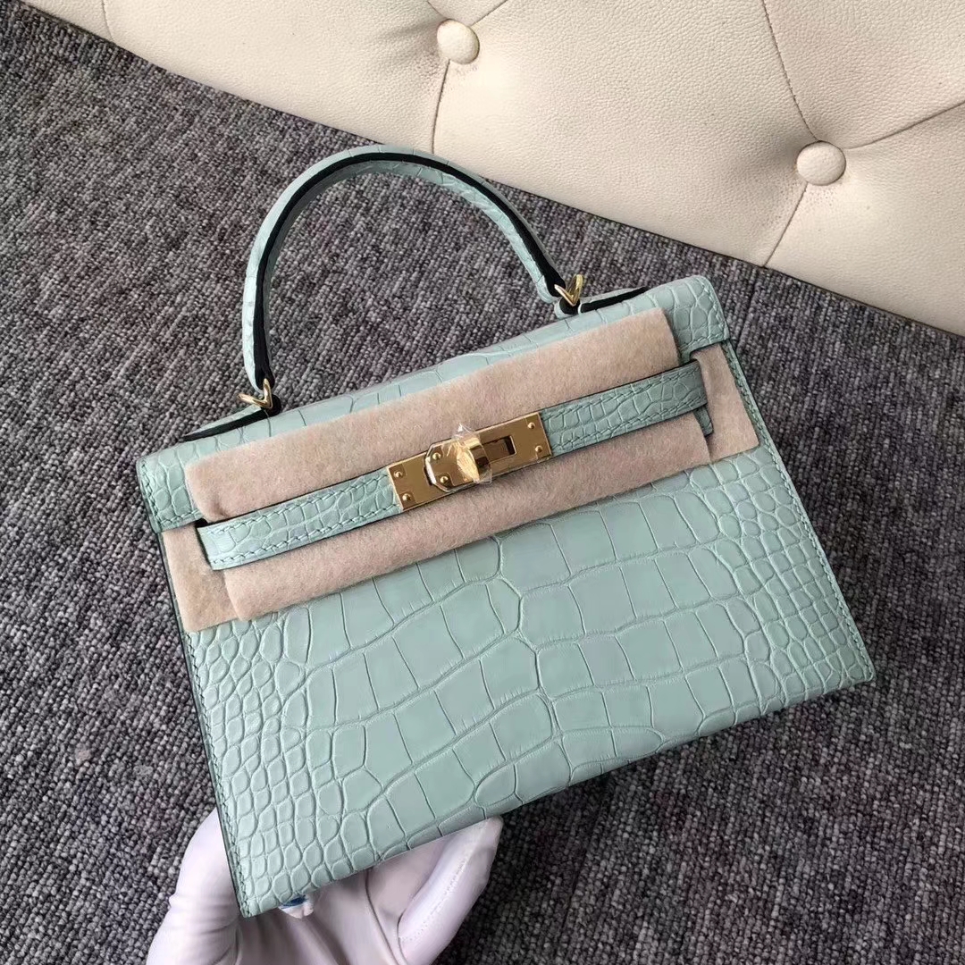 Hermès（爱马仕）Mini Kelly 迷你凯莉 雾面框框美洲鳄 6U薄荷绿 蜡线全手工 19cm 接受预定