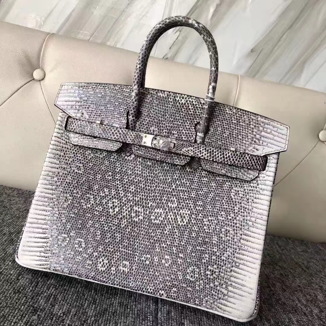 Hermès（爱马仕）Birkin 铂金包 Lizard 进口亮面蜥蜴 小喜马拉雅色 原色 银扣 25cm