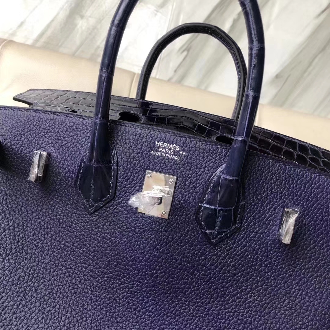 Hermès（爱马仕）Birkin 铂金包 黑色 拼 深蓝色 touch 系列 25cm