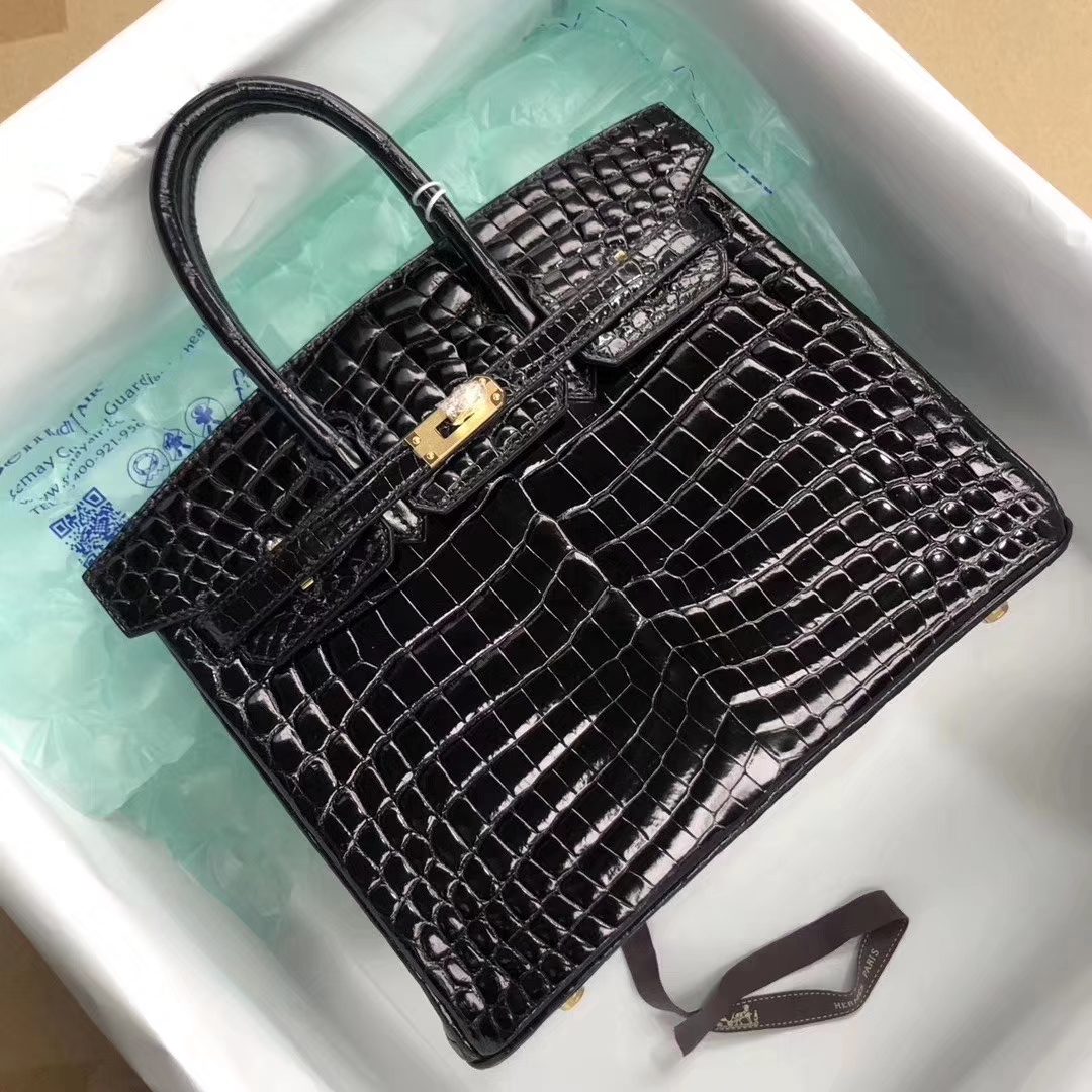 Hermès（爱马仕）Birkin 25cm Crocodile shiny 亮面鳄鱼 ck89 黑色 Noir 金扣 拱珠皮 顶级手缝 现货