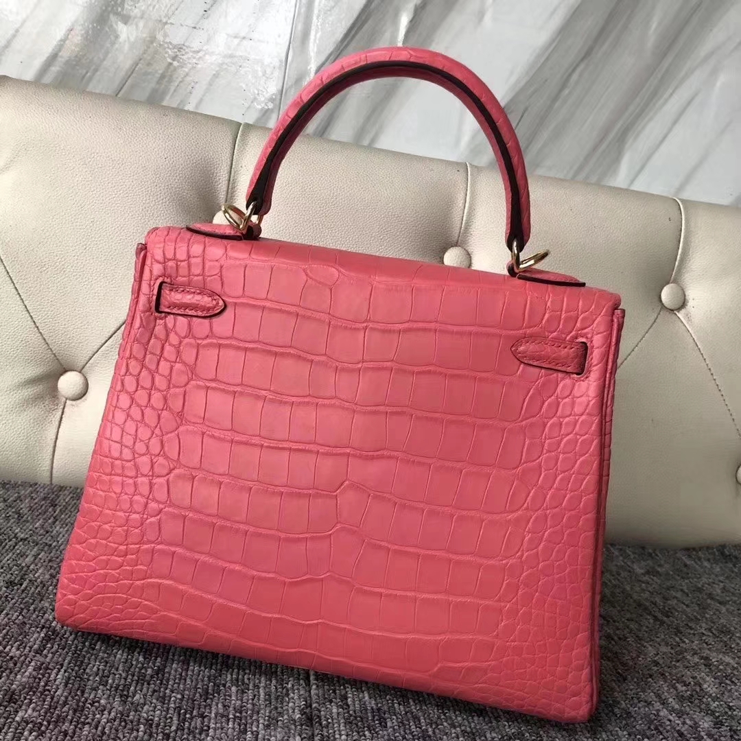 Hermès（爱马仕）Kelly 凯莉包 雾面框框美洲鳄 A5杜鹃红 蜡线全手工 25cm