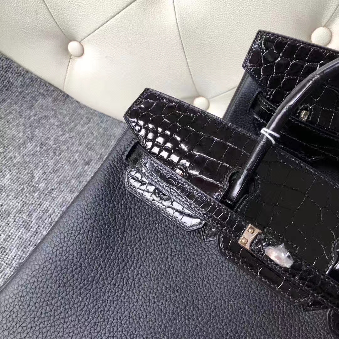 Hermès（爱马仕）Birkin 铂金包 原厂小牛皮 togo 鳄鱼 黑色 Noir 玫瑰金 Rose gold 25cm