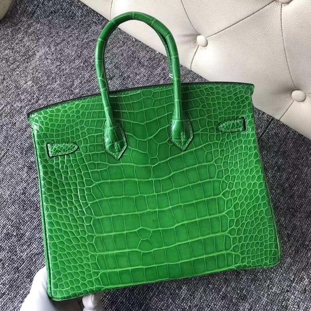 Hermès（爱马仕）Birkin 铂金包 亮面框框美洲鳄 1L仙人掌绿 顶级工艺 蜡线全手工 银扣 25cm