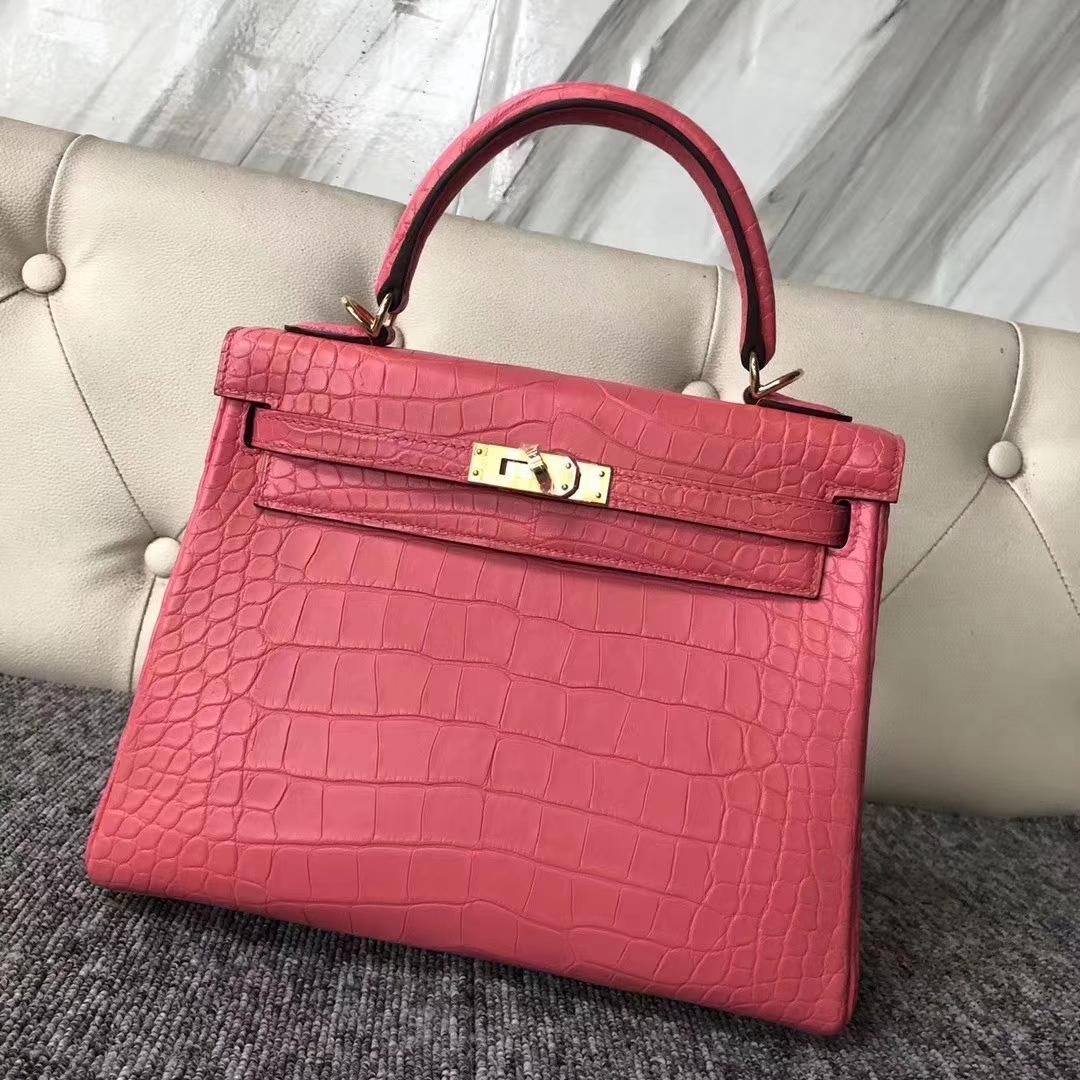 Hermès（爱马仕）Kelly 凯莉包 雾面框框美洲鳄 A5杜鹃红 蜡线全手工 25cm