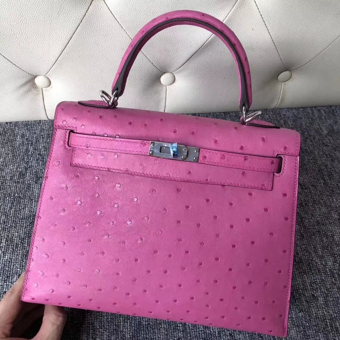 Hermès（爱马仕）Kelly 凯莉包 ostrich kk鸵鸟 9I玉兰粉 蜡线全手工 银扣 25cm
