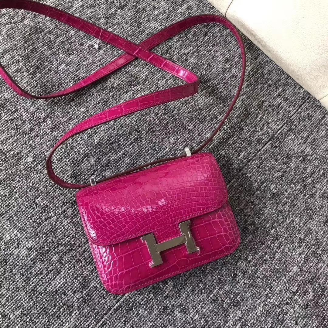 Hermès（爱马仕）Mimi Constance 迷你空姐包 亮面框框美洲鳄 J5天方夜谭粉紫 蜡线全手工 银扣 14cm