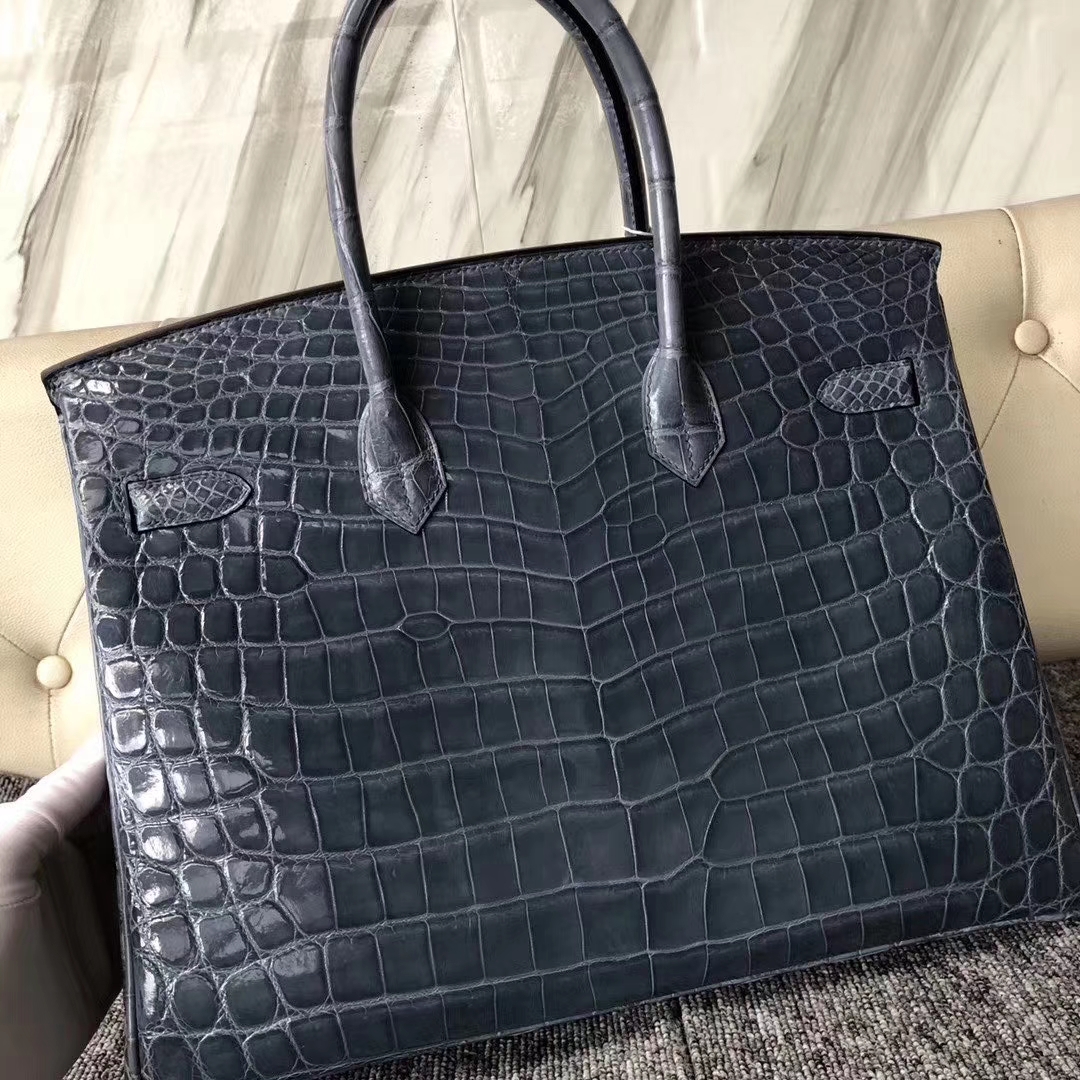 Hermès（爱马仕）Birkin 铂金包 亮面鳄鱼 ck75 牛仔蓝 银扣 35cm