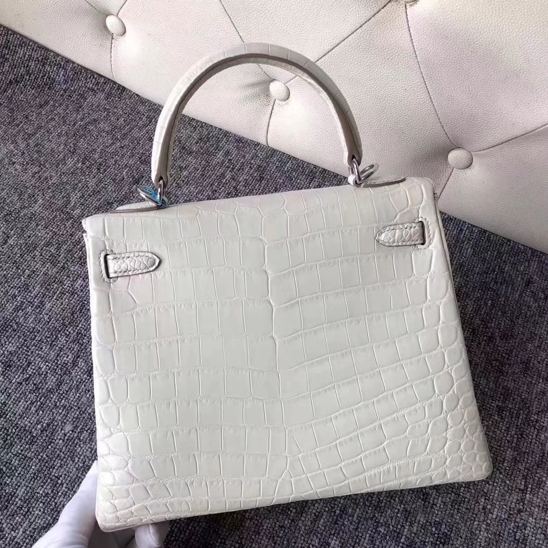 Hermès（爱马仕）Kelly 25cm crocodile 雾面两点汨罗鳄 8L奶油白 顶级工艺 蜡线全手工 银扣