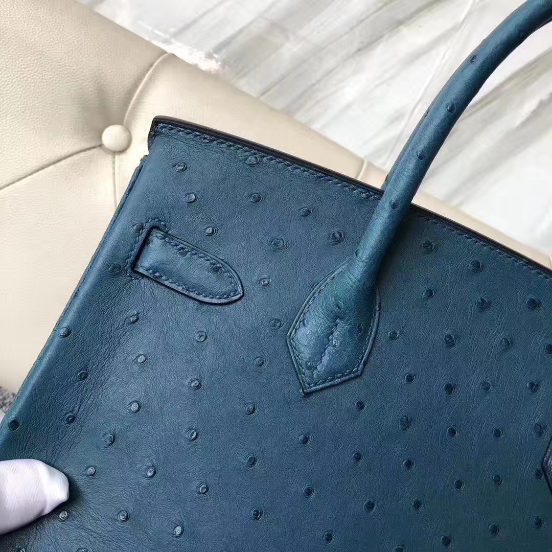 Hermès（爱马仕）Birkin 铂金包 Ostrich kk 鸵鸟 7C 珊瑚蓝 金扣 顶级手缝 30cm 现货