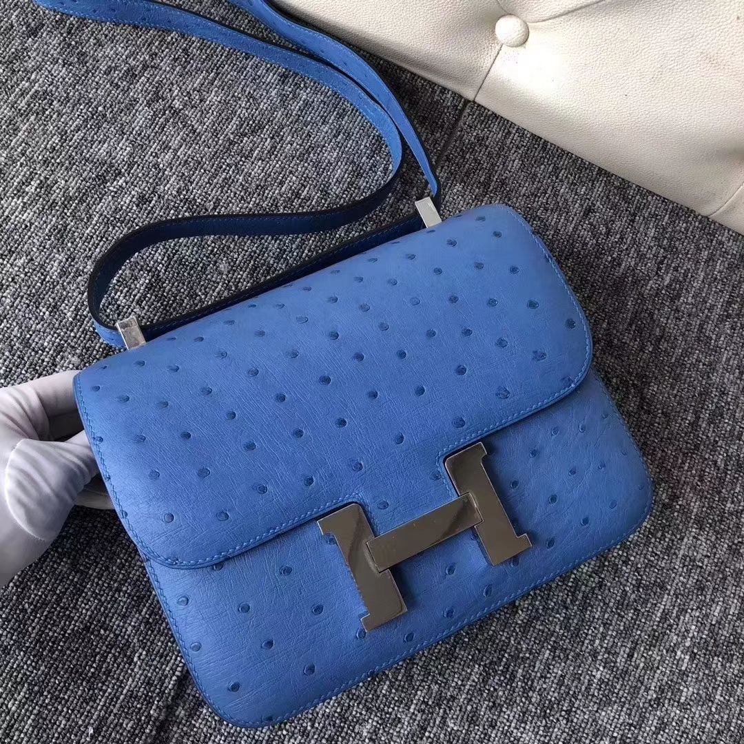 Hermès（爱马仕）Constance 空姐包 ostrich kk鸵鸟 7Q希腊蓝 蜡线全手工 23cm 接受预定