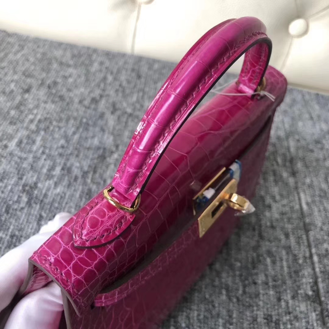 Hermès（爱马仕）Kelly2代 19cm crocodile 亮面框框美洲鳄 J5天方夜谭粉紫 蜡线全手工 金扣