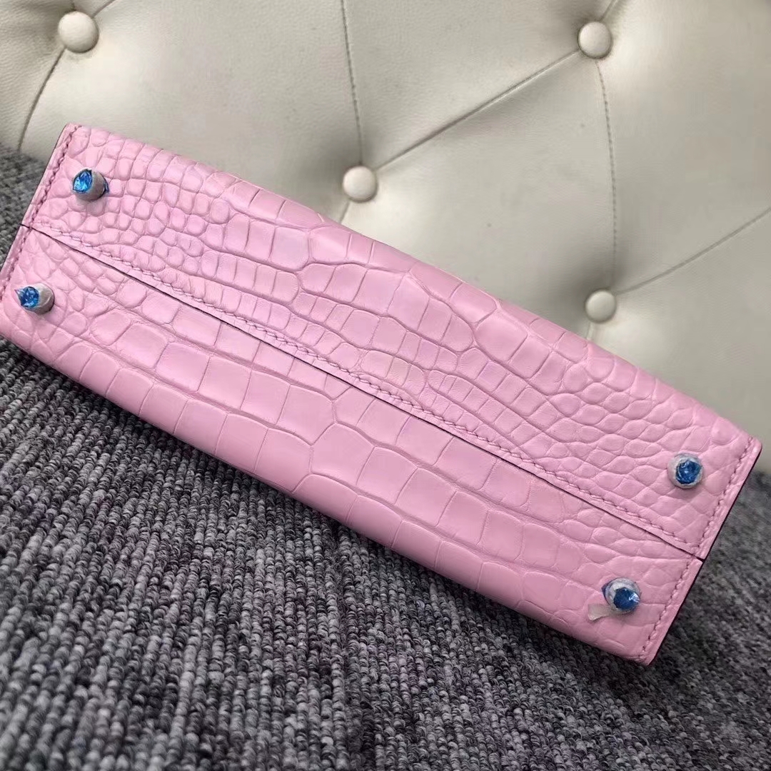 Hermès（爱马仕）Kelly 凯莉包 雾面框框美洲鳄 5P樱花粉 蜡线全手工 银扣 2代 19cm