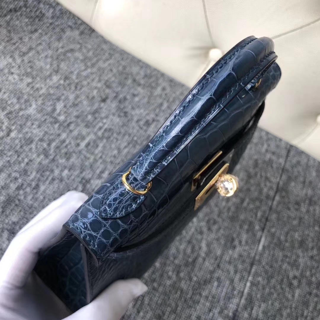 Hermès（爱马仕）Kelly2代 19cm crocodile 亮面框框美洲鳄 1P鸭子蓝 蜡线全手工 金扣