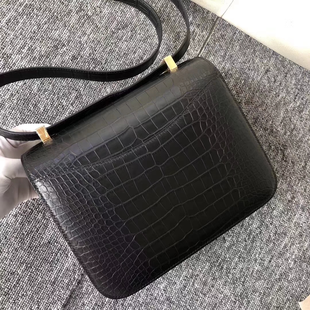 Hermès（爱马仕）Constance 空姐包 雾面框框美洲鳄 ck89黑色 23cm 顶级工艺 接受预定