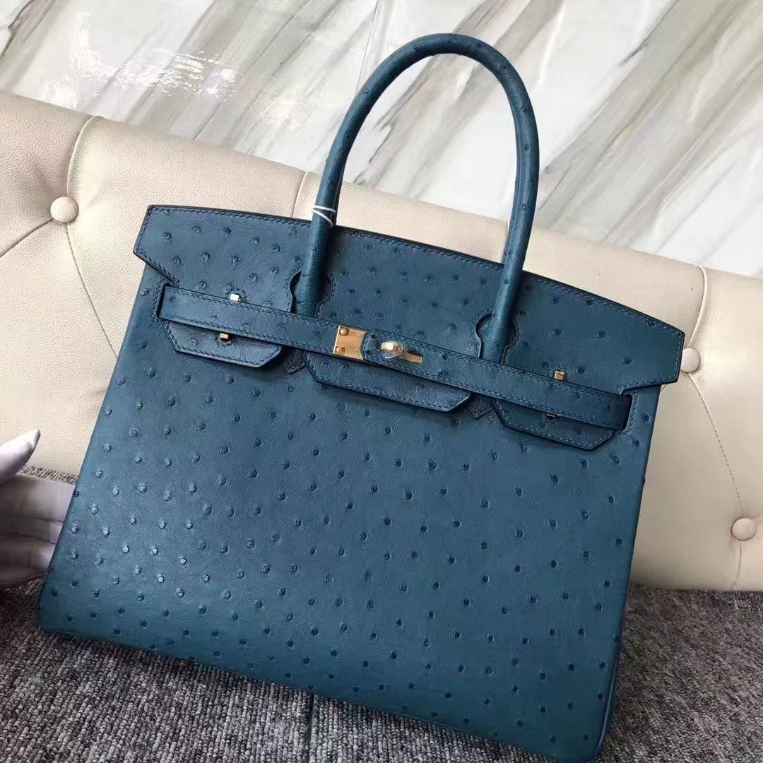 Hermès（爱马仕）Birkin 铂金包 Ostrich kk 鸵鸟 7C 珊瑚蓝 金扣 顶级手缝 30cm 现货