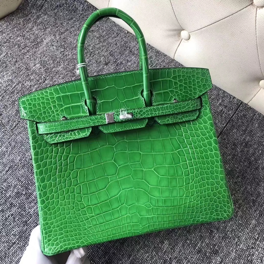 Hermès（爱马仕）Birkin 铂金包 亮面框框美洲鳄 1L仙人掌绿 顶级工艺 蜡线全手工 银扣 25cm