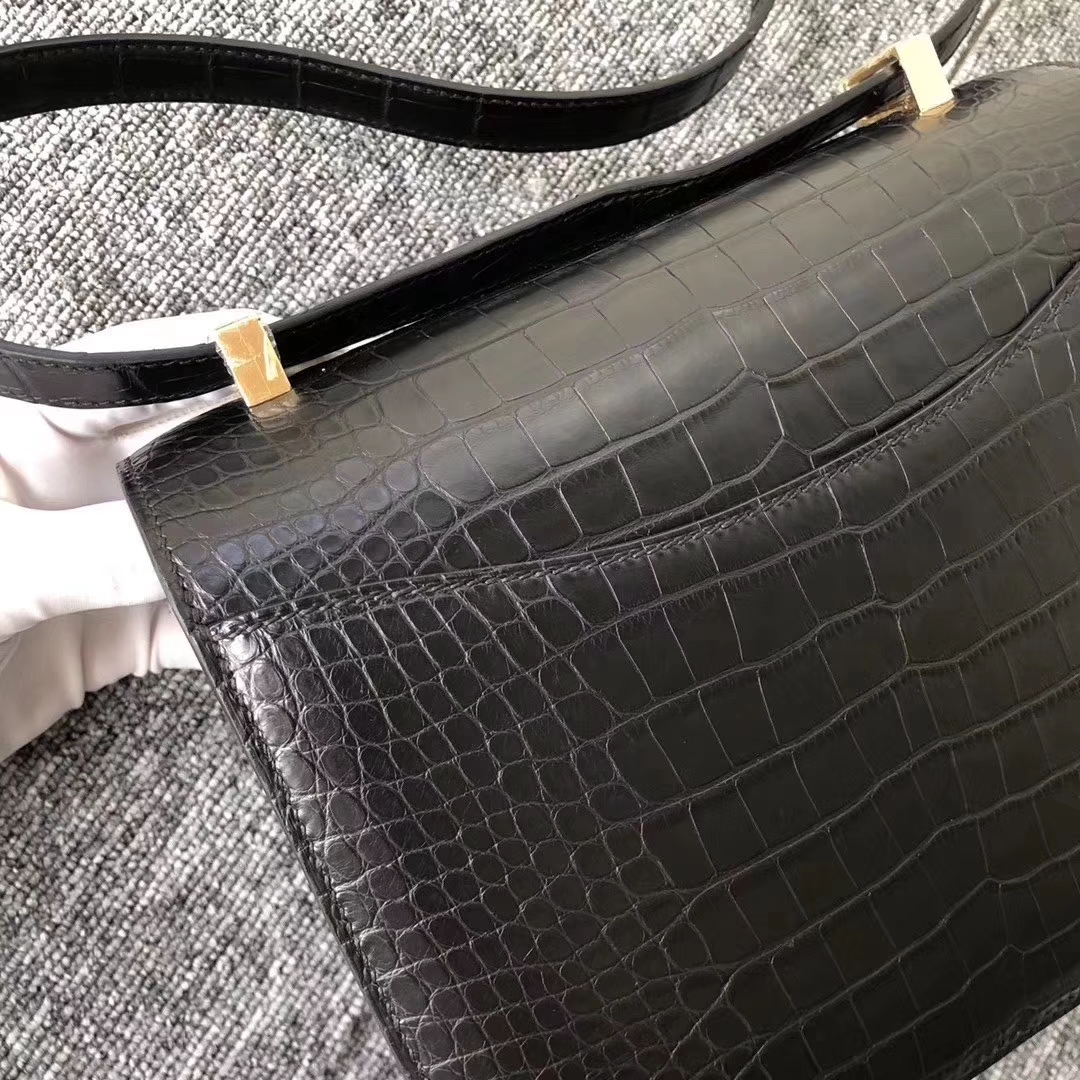 Hermès（爱马仕）Constance 空姐包 雾面框框美洲鳄 ck89黑色 23cm 顶级工艺 接受预定