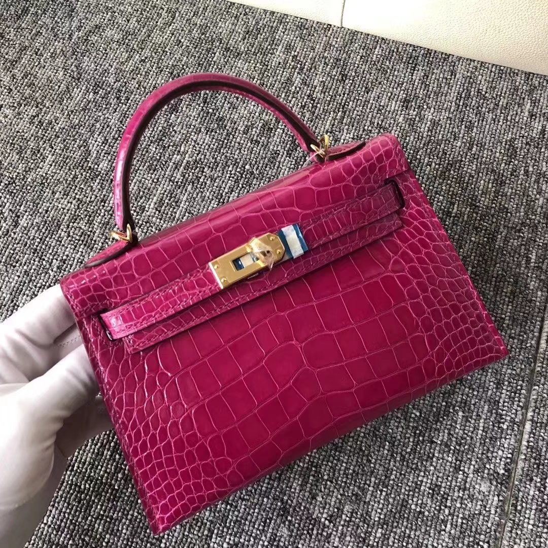 Hermès（爱马仕）Kelly2代 19cm crocodile 亮面框框美洲鳄 J5天方夜谭粉紫 蜡线全手工 金扣