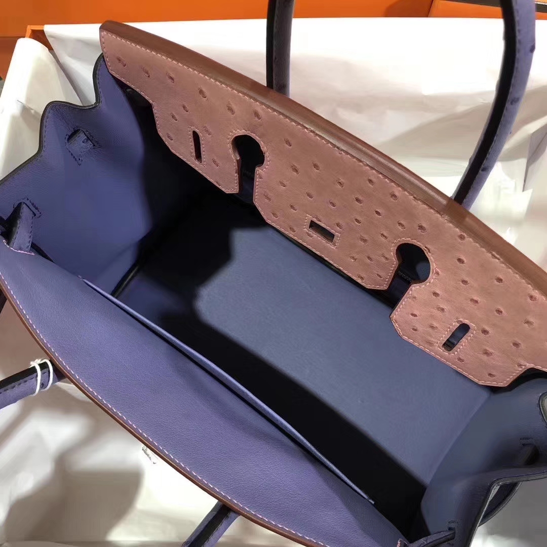 Hermès（爱马仕）Birkin 铂金包 30cm Ostrich kk 鸵鸟 cc94陶瓷粉明+蓝色 金扣 马蹄印