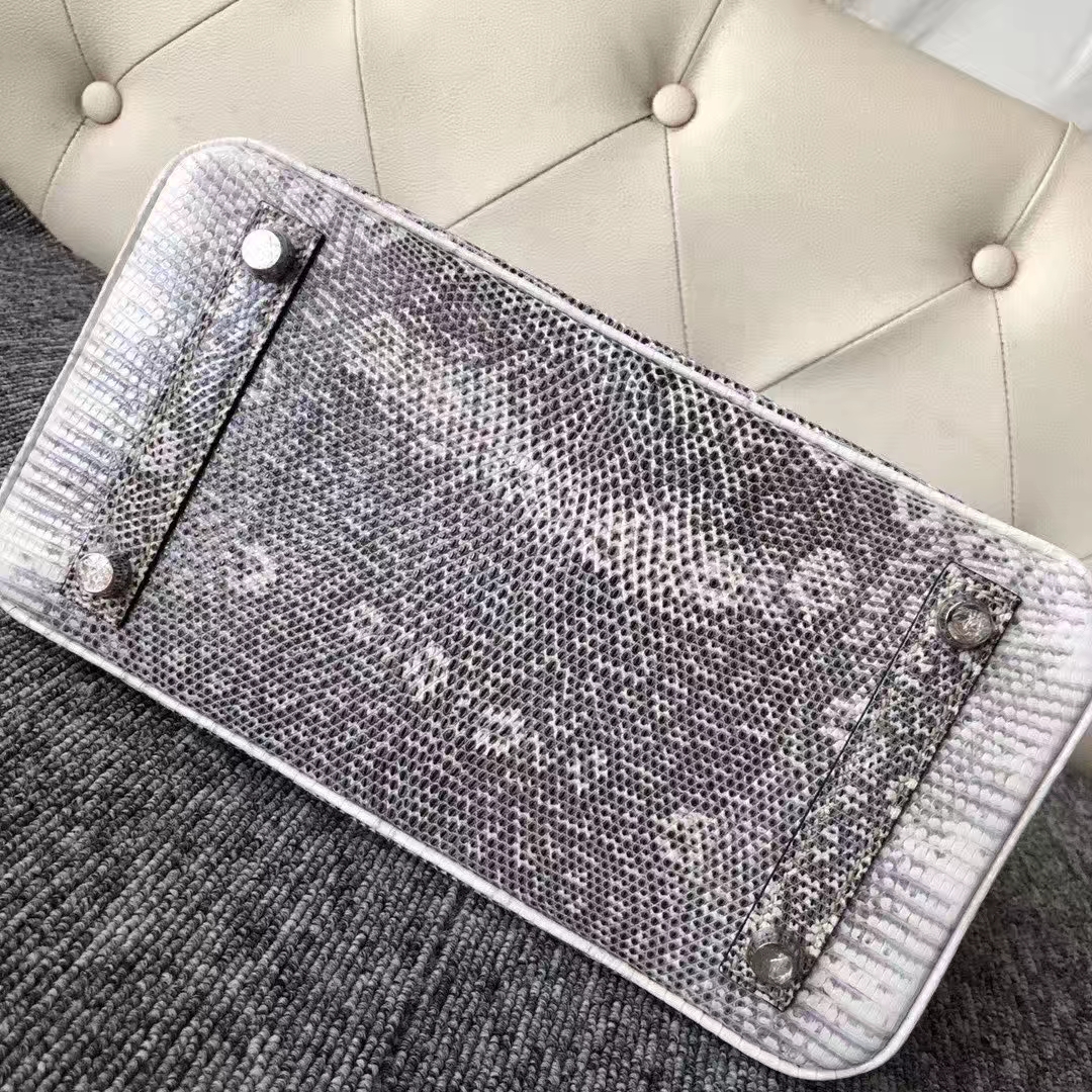 Hermès（爱马仕）Birkin 铂金包 Lizard 进口亮面蜥蜴 小喜马拉雅色 原色 银扣 25cm