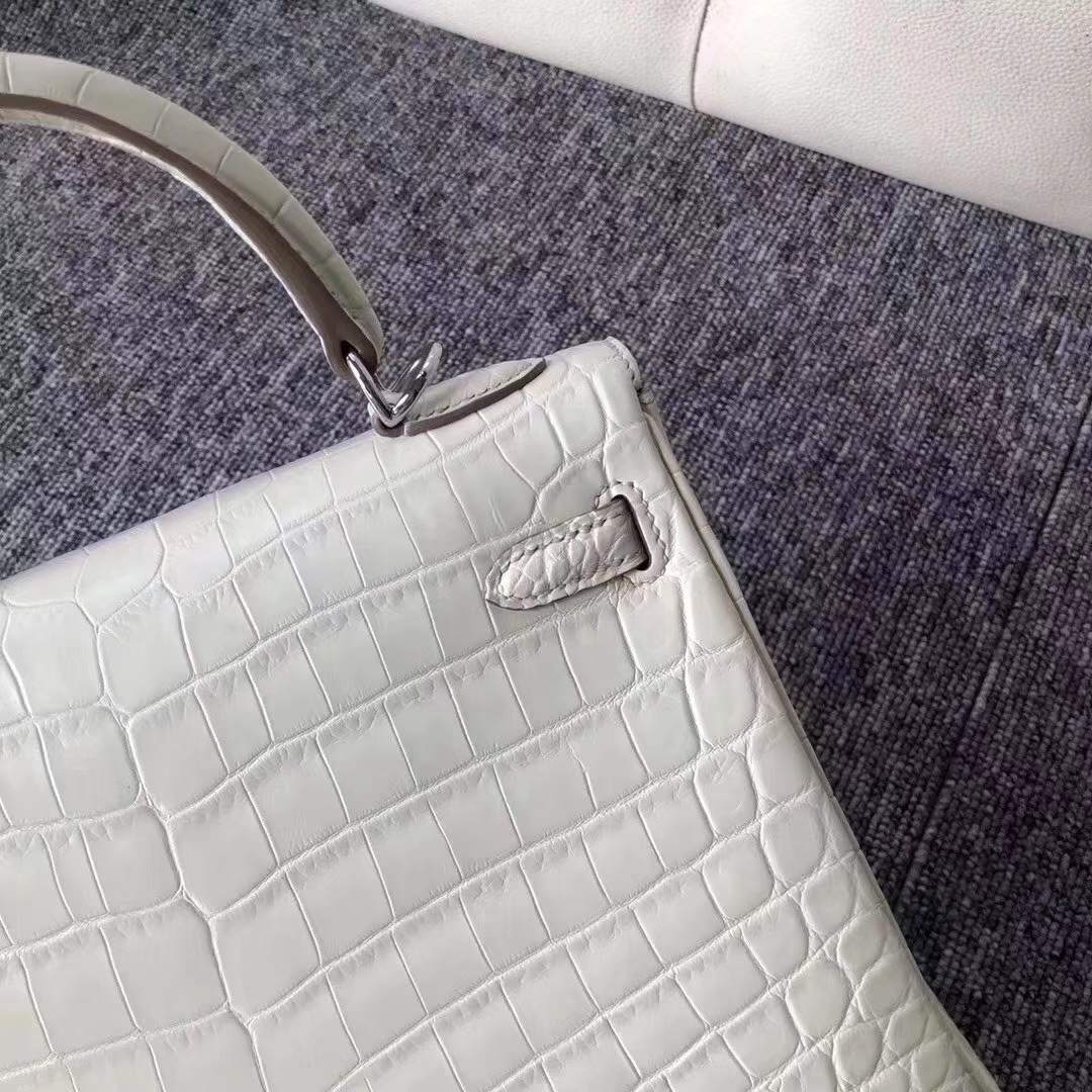Hermès（爱马仕）Kelly 25cm crocodile 雾面两点汨罗鳄 8L奶油白 顶级工艺 蜡线全手工 银扣