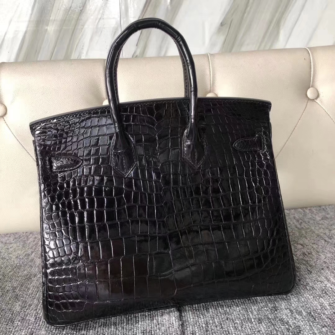 Hermès（爱马仕）Birkin 铂金包 25cm crocodile 亮面澳洲湾鳄 ck89黑色 蜡线全手工 钻扣