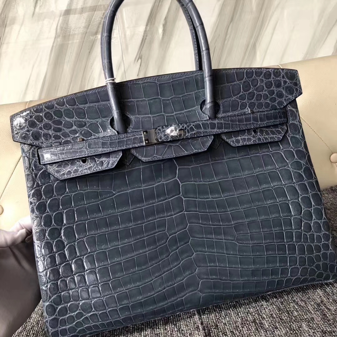 Hermès（爱马仕）Birkin 铂金包 亮面鳄鱼 ck75 牛仔蓝 银扣 35cm