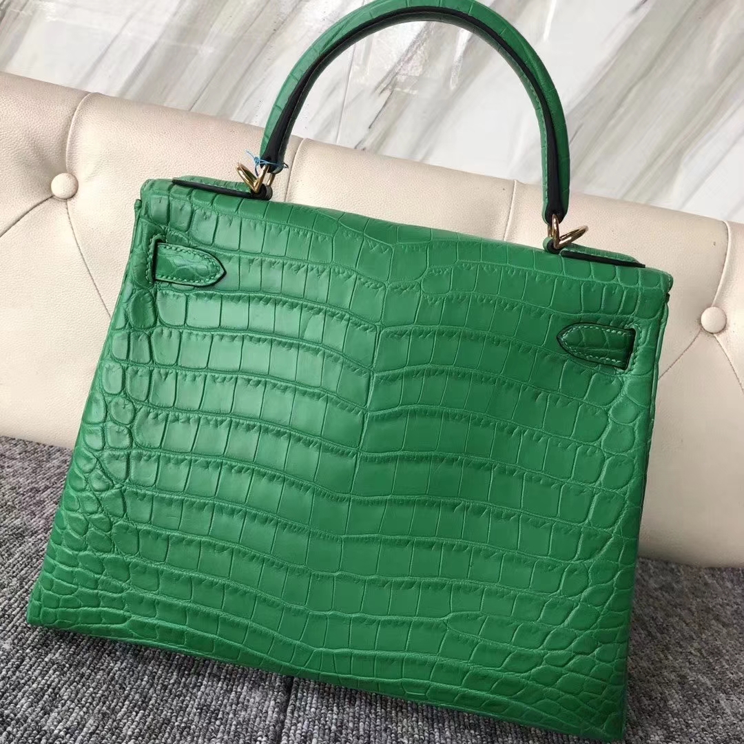 Hermès（爱马仕）Kelly 凯莉包 1K竹子绿 雾面两点汨罗鳄 蜡线全手工 金扣 28cm 接受预定