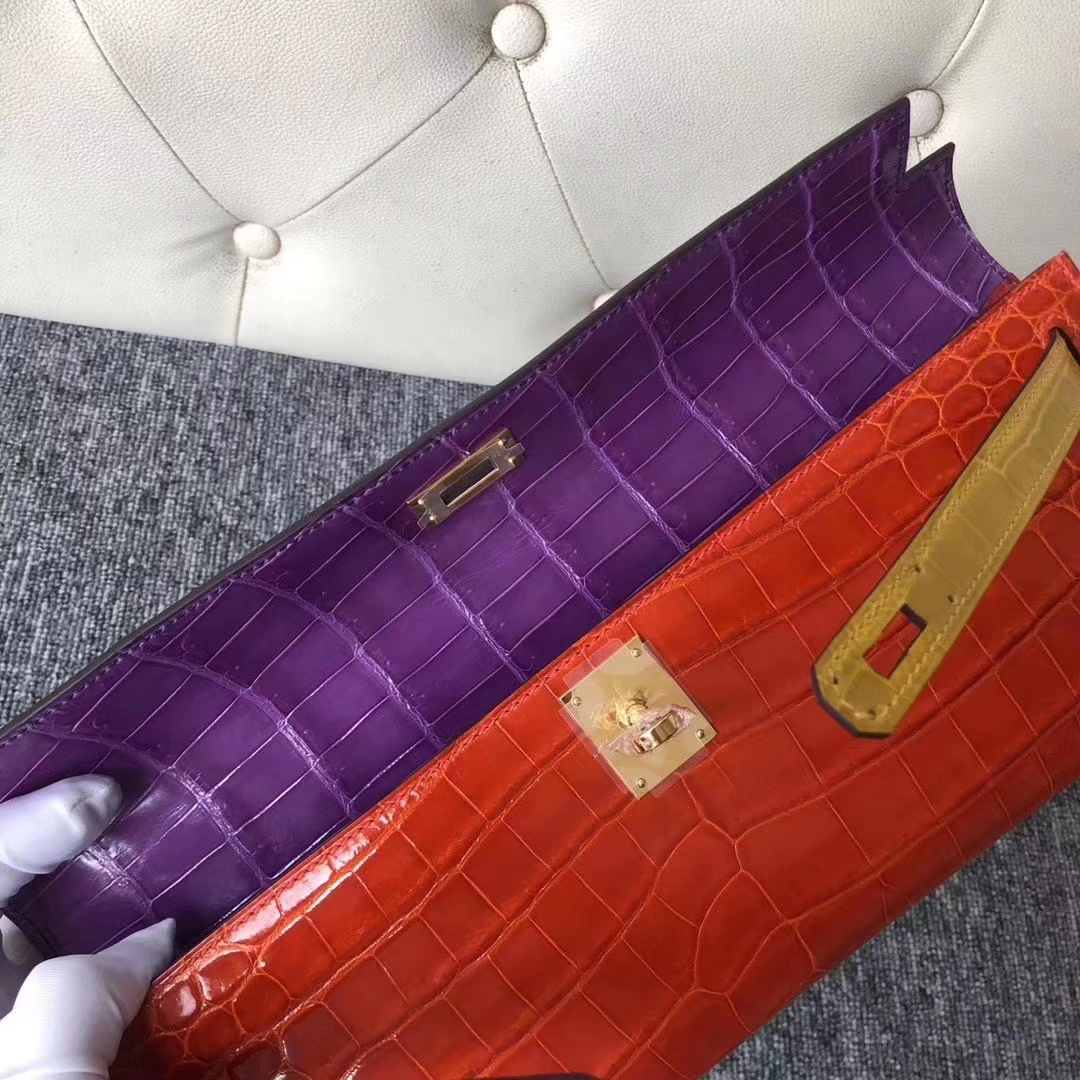 Hermès（爱马仕）Kelly cut 31cm Crocodile shiny 多拼色 银扣