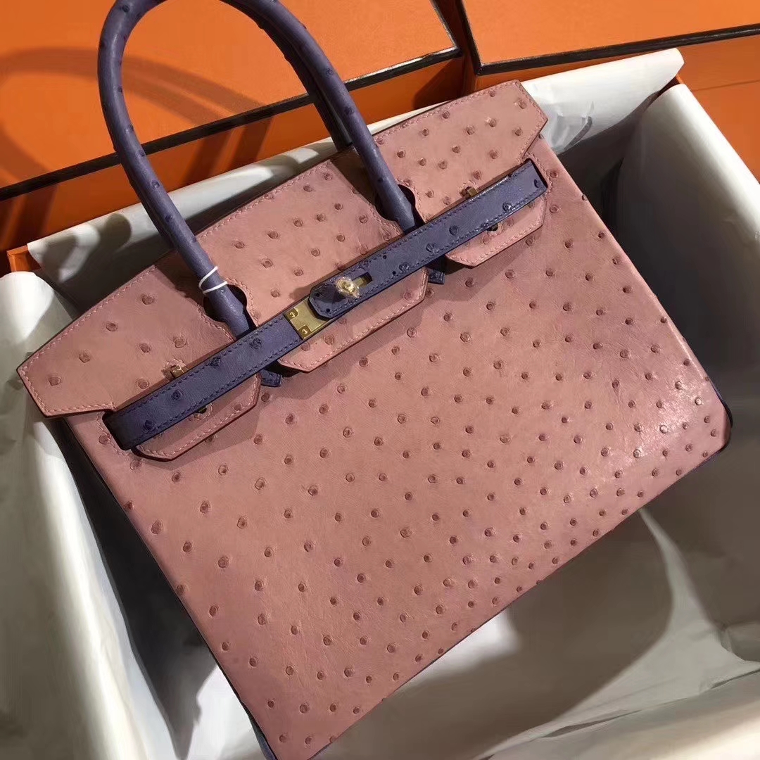Hermès（爱马仕）Birkin 铂金包 30cm Ostrich kk 鸵鸟 cc94陶瓷粉明+蓝色 金扣 马蹄印