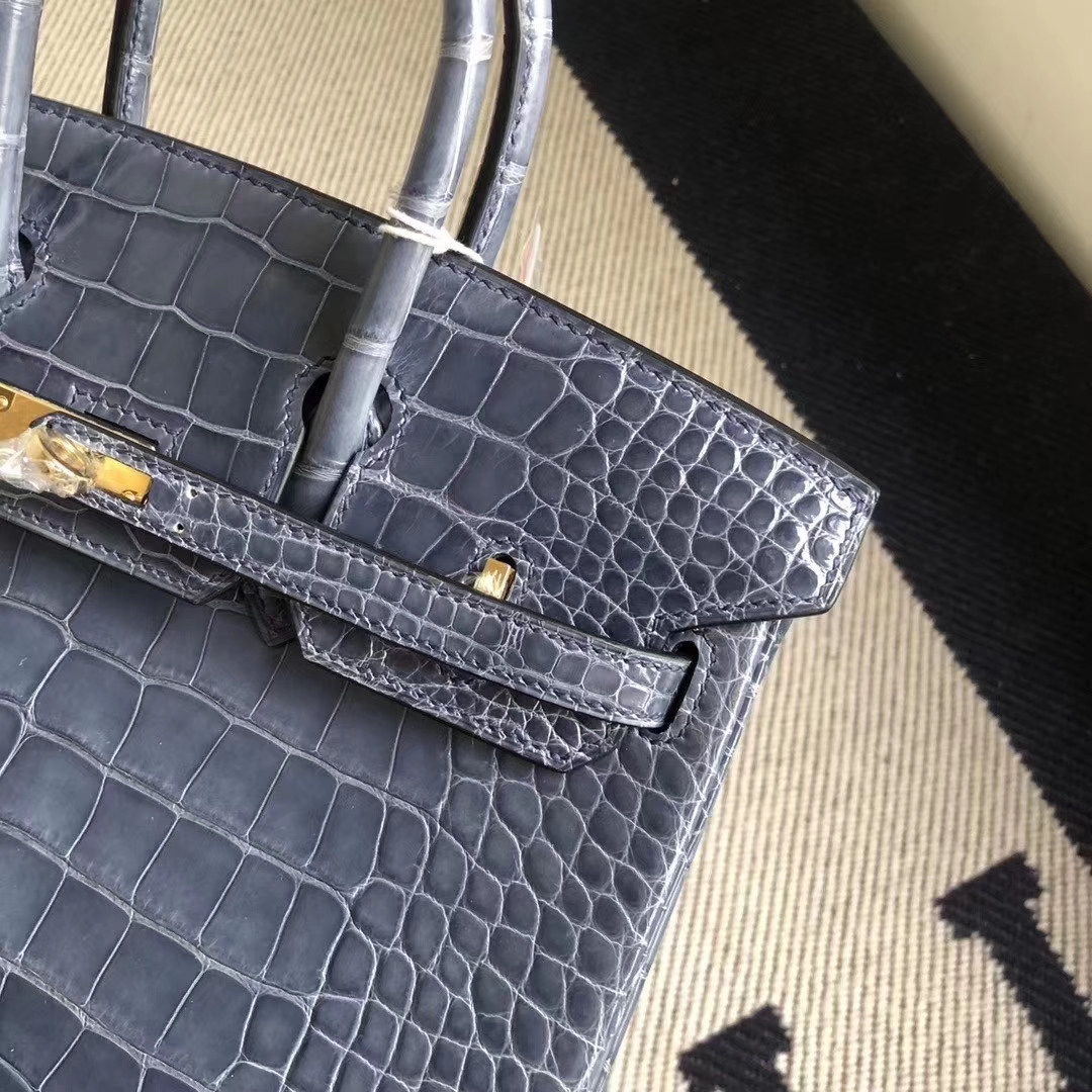 Hermès（爱马仕）Birkin 铂金包 亮面框框美洲鳄 N7风暴蓝 蜡线全手工 金扣 25cm