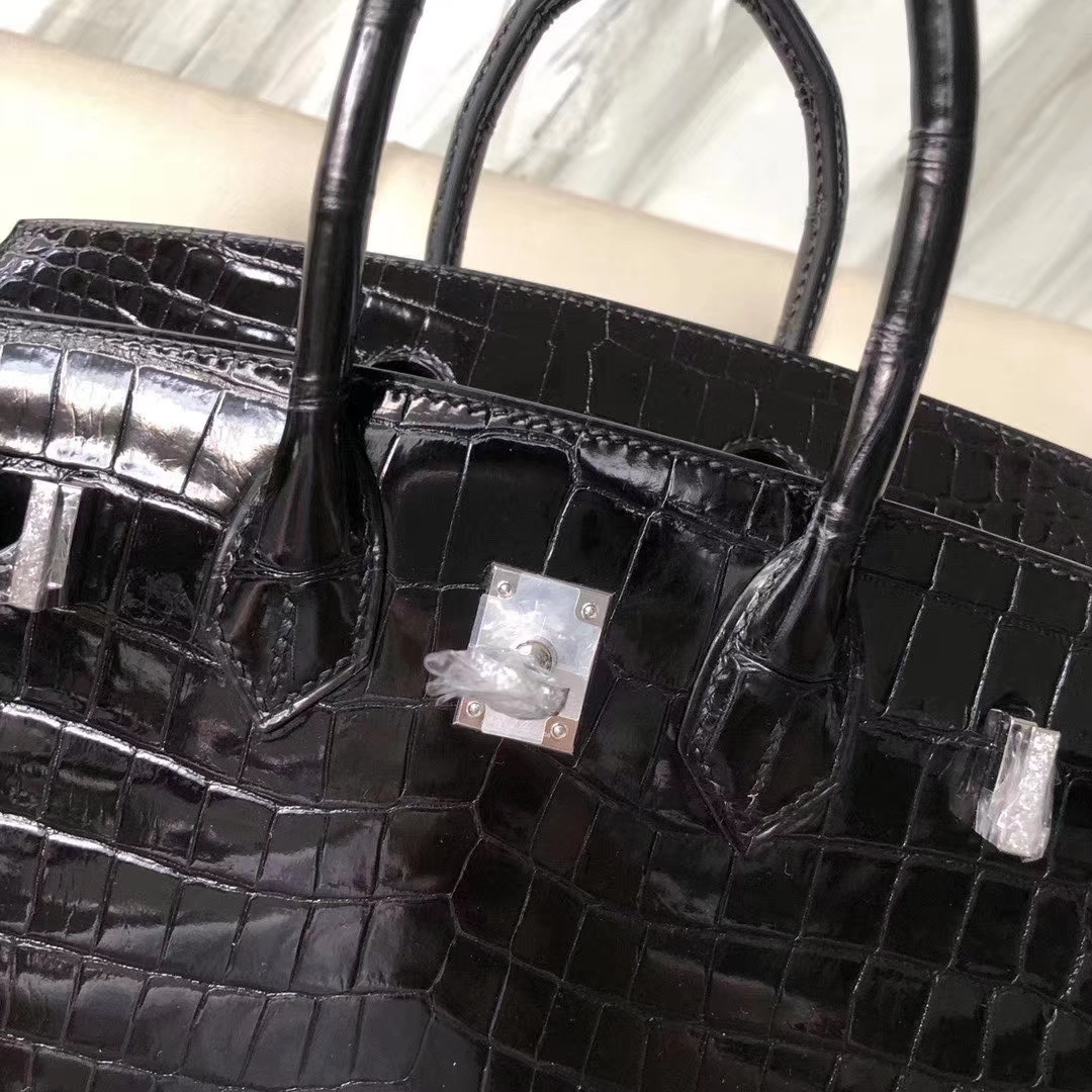Hermès（爱马仕）Birkin 铂金包 25cm crocodile 亮面澳洲湾鳄 ck89黑色 蜡线全手工 钻扣