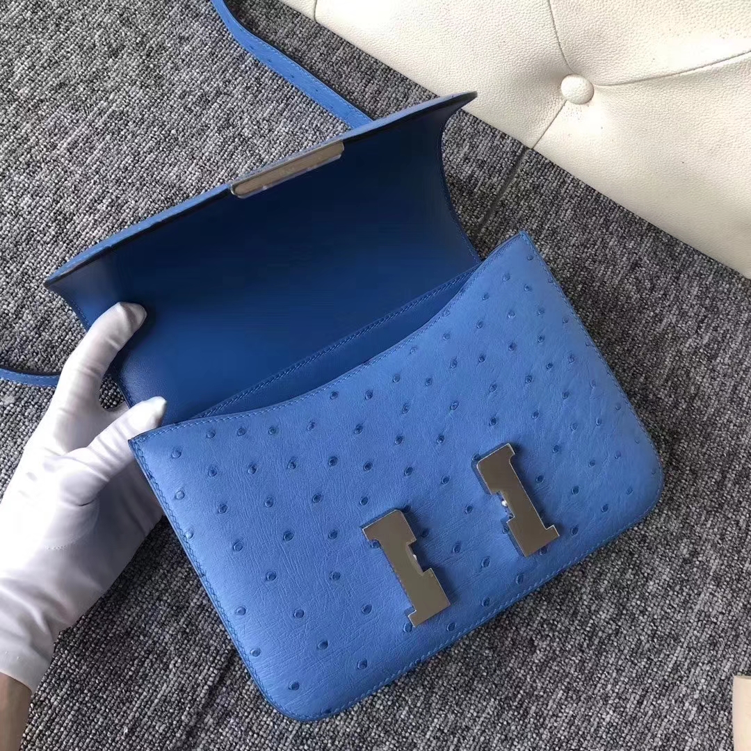Hermès（爱马仕）Constance 空姐包 ostrich kk鸵鸟 7Q希腊蓝 蜡线全手工 23cm 接受预定