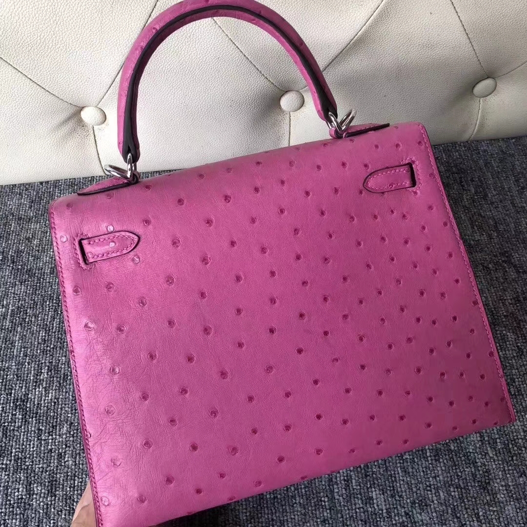 Hermès（爱马仕）Kelly 凯莉包 ostrich kk鸵鸟 顶级鸵鸟皮 桃红 蜡线全手工 银扣 25cm
