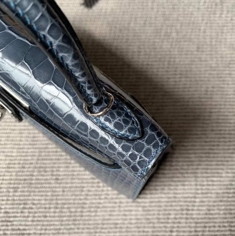 Hermès（爱马仕）Mini Kelly迷你凯莉包 亮面方块 美洲鳄鱼 风暴蓝 银扣 2代 现货