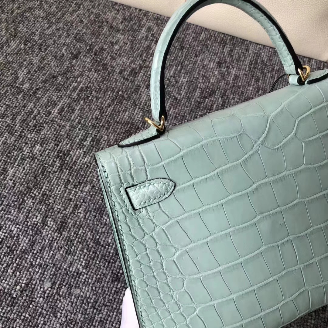 Hermès（爱马仕）Mini Kelly 迷你凯莉 雾面框框美洲鳄 6U薄荷绿 蜡线全手工 19cm 接受预定