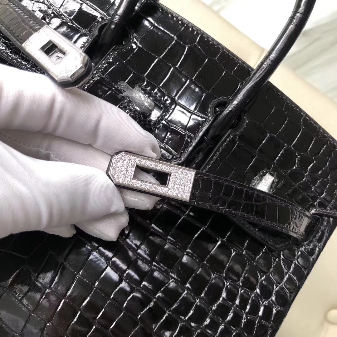 Hermès（爱马仕）Birkin 铂金包 25cm crocodile 亮面澳洲湾鳄 ck89黑色 蜡线全手工 钻扣