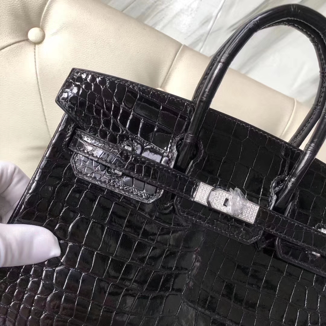 Hermès(爱马仕)Birkin 铂金包 25cm crocodile 亮面澳洲湾鳄 ck89黑色 蜡线全手工 钻扣-拉尔森鳄鱼皮具定制 - 爱马仕包包官网 Hermès(爱马仕)Birkin 铂金包 25cm crocodile 亮面澳洲湾鳄 ck89黑色 蜡线全手工 钻扣