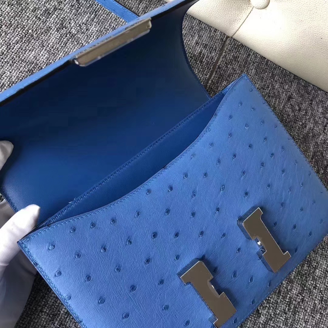 Hermès（爱马仕）Constance 空姐包 ostrich kk鸵鸟 7Q希腊蓝 蜡线全手工 23cm 接受预定