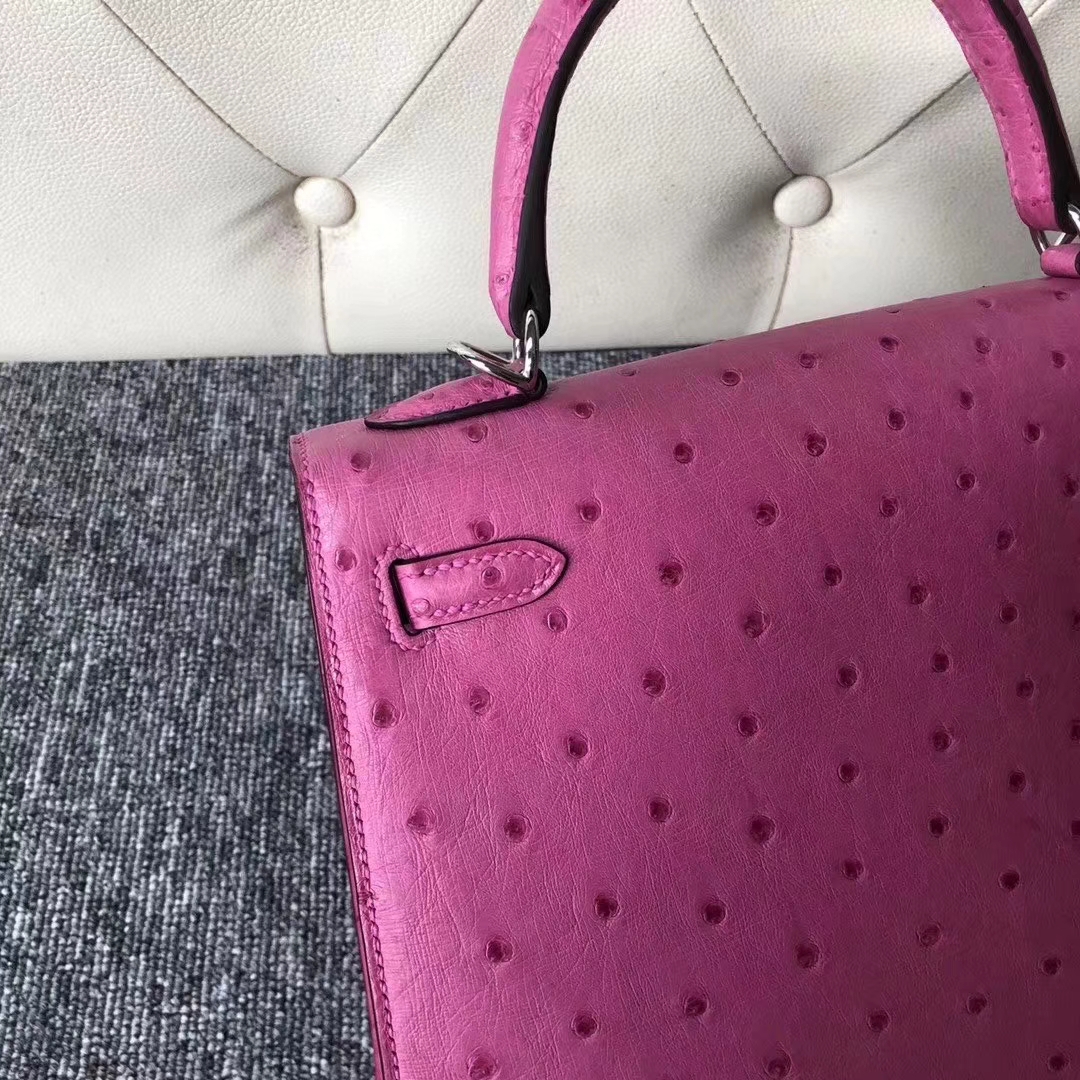 Hermès（爱马仕）Kelly 凯莉包 ostrich kk鸵鸟 9I玉兰粉 蜡线全手工 银扣 25cm