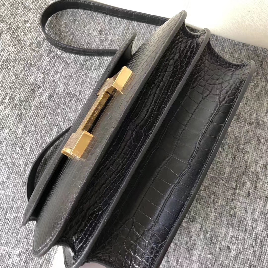 Hermès（爱马仕）Constance 空姐包 雾面框框美洲鳄 ck89黑色 23cm 顶级工艺 接受预定