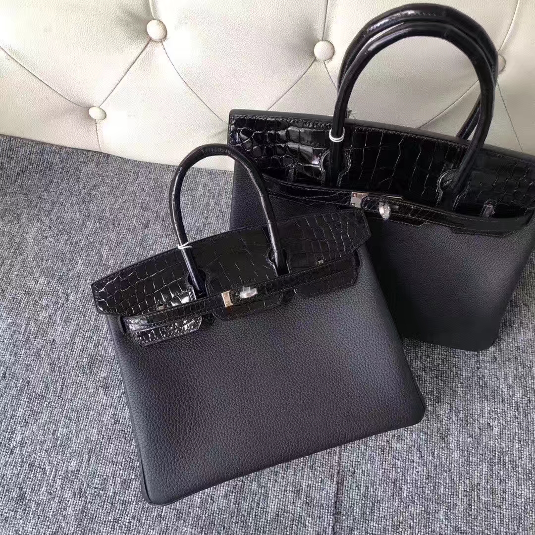 Hermès（爱马仕）Birkin 铂金包 原厂小牛皮 togo 鳄鱼 黑色 Noir 玫瑰金 Rose gold 25cm