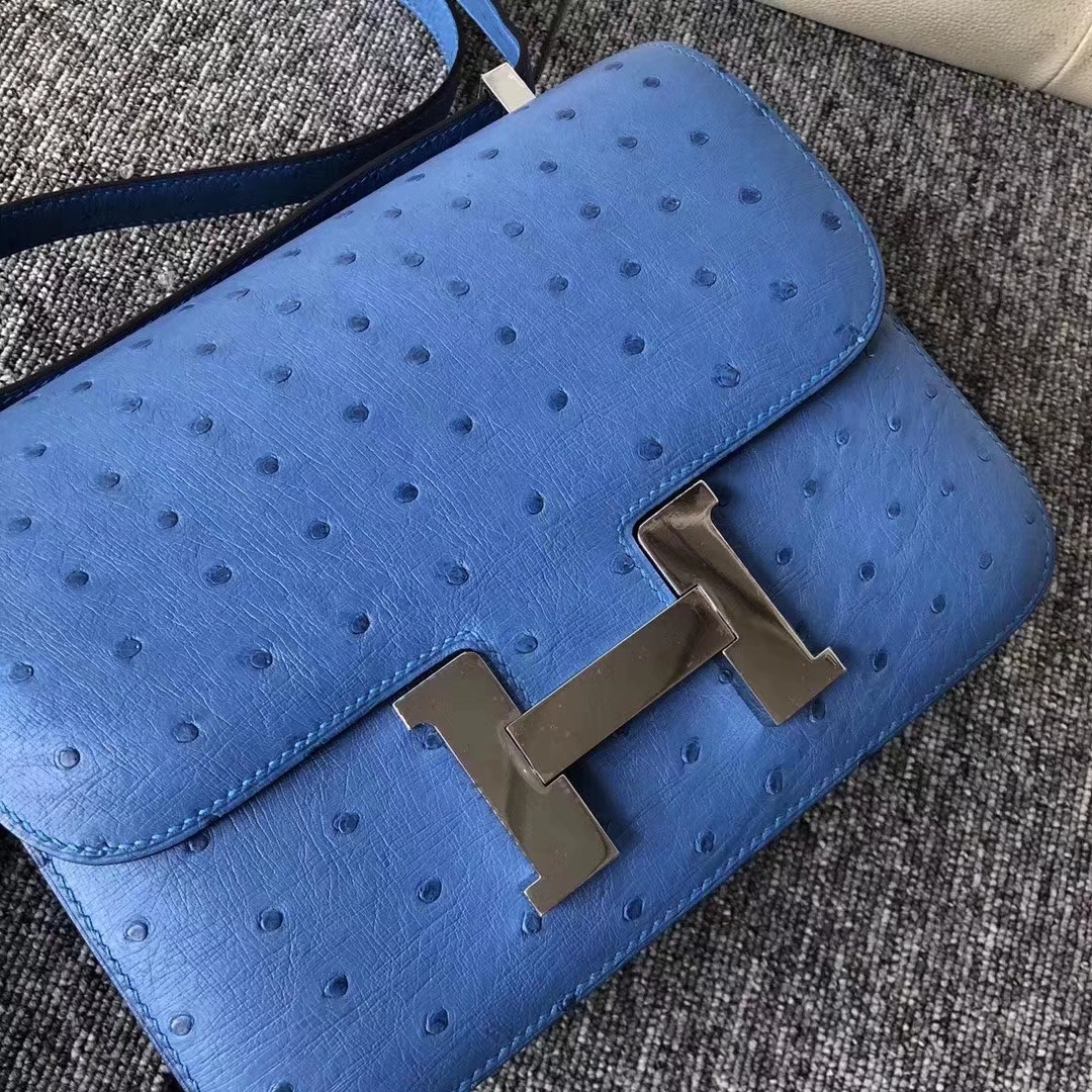 Hermès（爱马仕）Constance 空姐包 ostrich kk鸵鸟 7Q希腊蓝 蜡线全手工 23cm 接受预定