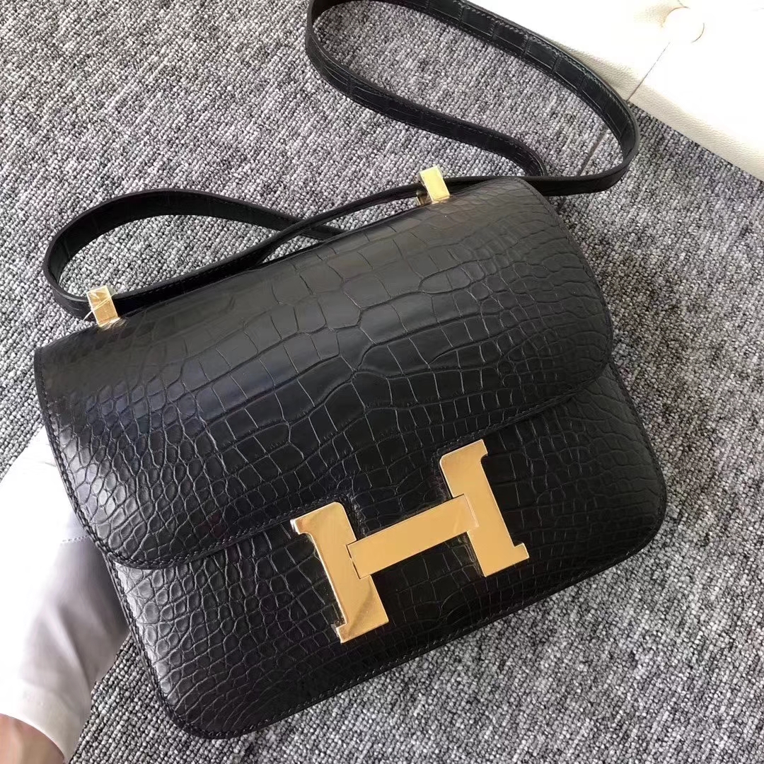 Hermès（爱马仕）Constance 空姐包 雾面框框美洲鳄 ck89黑色 23cm 顶级工艺 接受预定