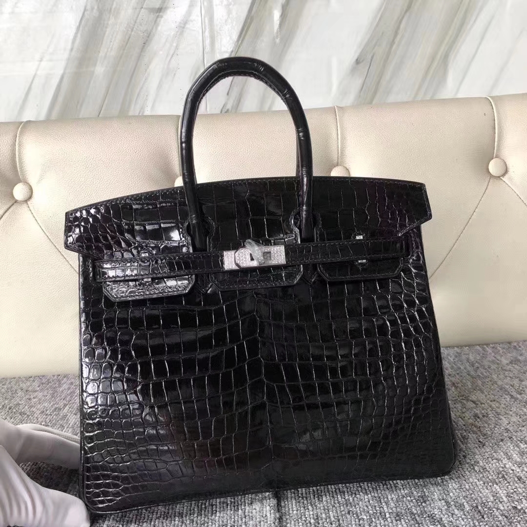 Hermès（爱马仕）Birkin 铂金包 25cm crocodile 亮面澳洲湾鳄 ck89黑色 蜡线全手工 钻扣