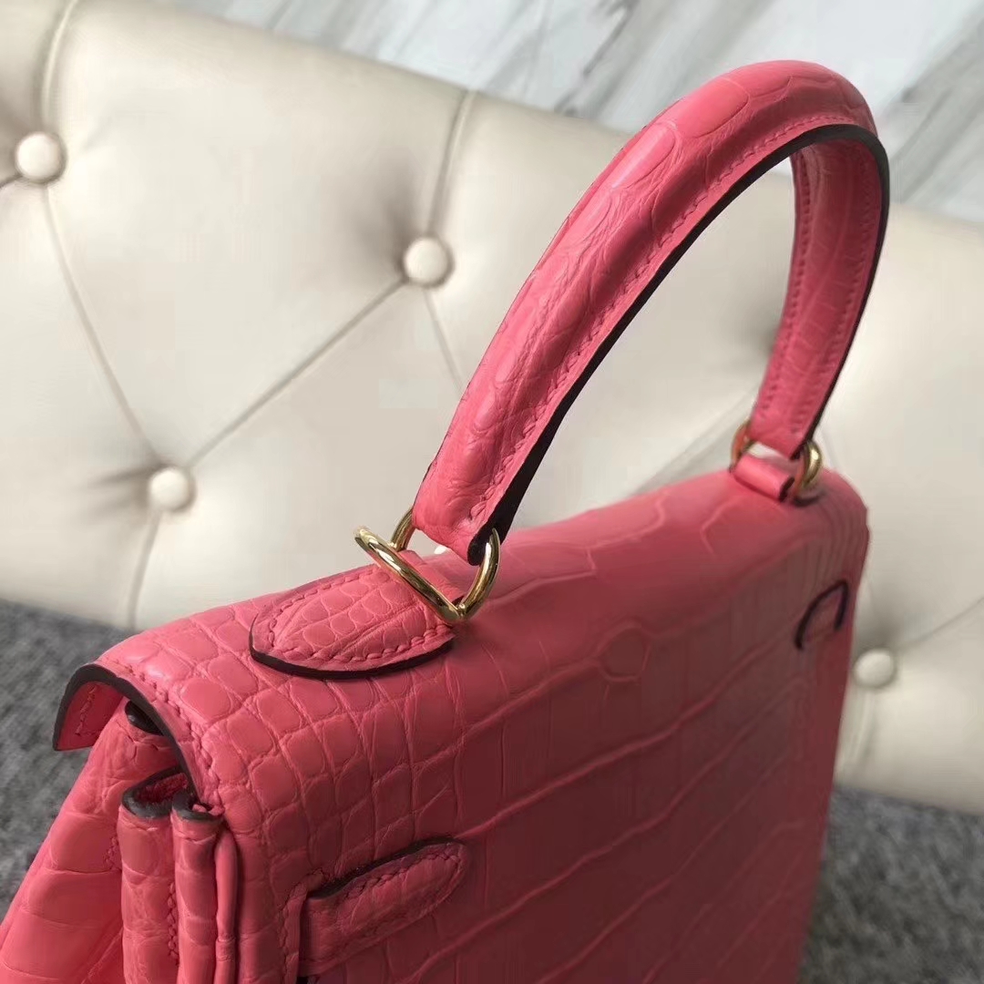Hermès（爱马仕）Kelly 凯莉包 雾面框框美洲鳄 A5杜鹃红 蜡线全手工 25cm
