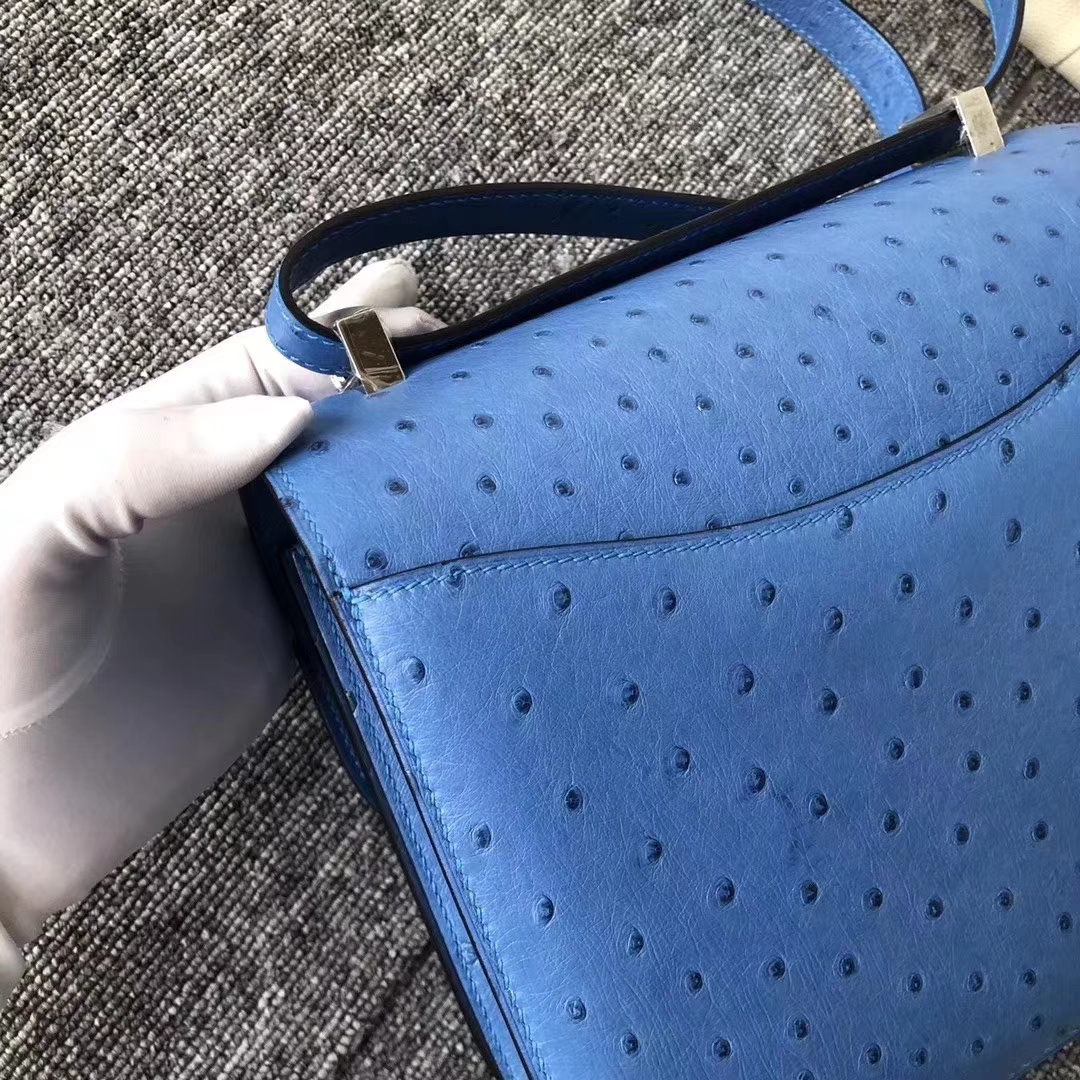 Hermès（爱马仕）Constance 空姐包 ostrich kk鸵鸟 7Q希腊蓝 蜡线全手工 23cm 接受预定