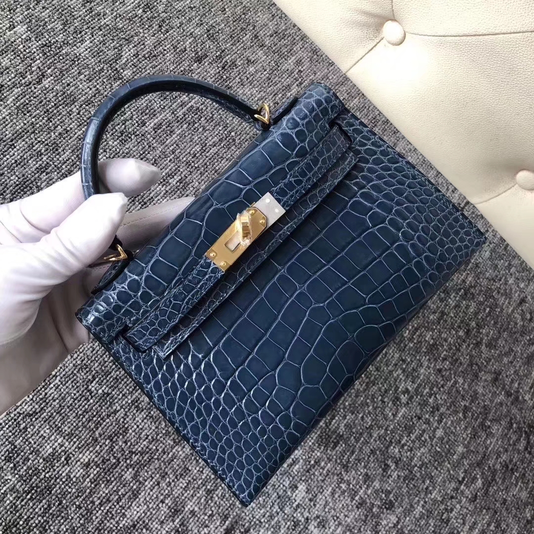 Hermès（爱马仕）Kelly2代 19cm crocodile 亮面框框美洲鳄 1P鸭子蓝 蜡线全手工 金扣