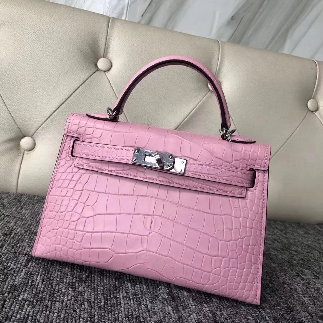 Hermès（爱马仕）Kelly 凯莉包 雾面框框美洲鳄 5P樱花粉 蜡线全手工 银扣 2代 19cm